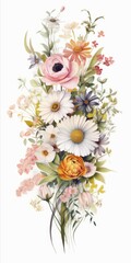 A delightful bunch of fresh flowers gracefully arranged on a plain white backdrop, allowing room for personalized messages or event details. in the style of feminine sticker art, atmospheric watercolo