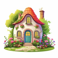 A delightful miniature house with vibrant shutters and a well-kept garden path. vector, flat, fairy tale, cartoon, cute, white background Generative AI