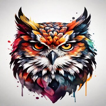 Discover an extraordinary watercolor logo presenting a powerful owl face in vibrant colors. The design catches the eye against a monochrome background, providing a visually captivating impact
