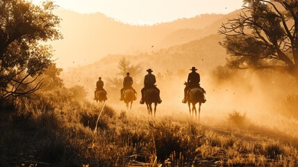 Fototapeta na wymiar A group of cowboys riding together, driving cattle through rugged terrain while navigating the challenges of the wild. Generative AI