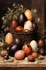 Obraz na płótnie Canvas classic chocolate easter egg inside engraved metal egg vintage victorian style illustration