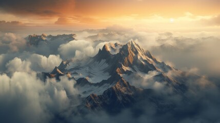 A mountain range cloaked in mist and clouds, creating an ethereal atmosphere and a sense of mystery. Generative AI - obrazy, fototapety, plakaty