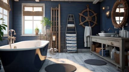 A nautical-themed bathroom with navy blue accents, ship-inspired decor, and rope details. Generative AI