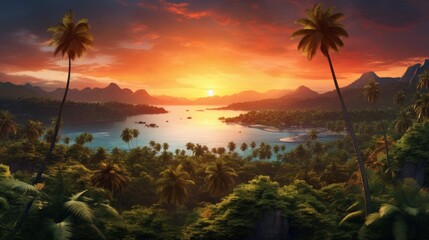 Fototapeta na wymiar A panoramic aerial view displaying tropical islands enveloped in the warm colors of a vibrant sunset, with palm trees swaying gently against the backdrop of the evening sky. Generative AI