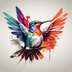 Experience the excellence of a watercolor logo showcasing a powerful hummingbird face in vibrant colors. The design pops against a monochrome background, delivering a visually impactful result