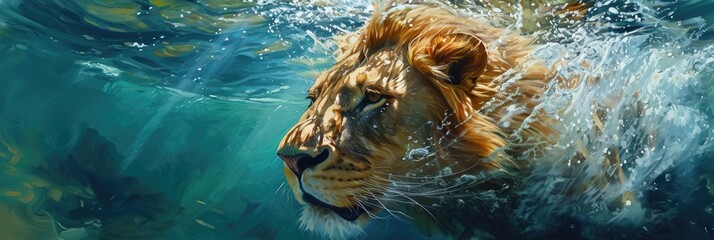a lion is underwater, generative AI - obrazy, fototapety, plakaty