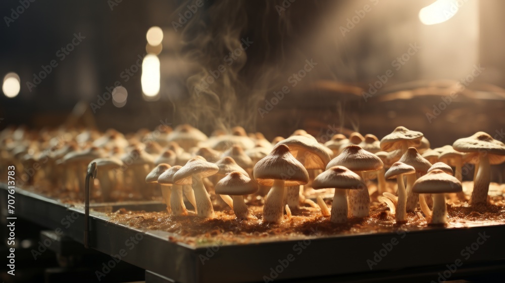 Poster A time-lapse sequence depicting the lifecycle of mushrooms from inoculation to harvest on a commercial farm. Generative AI