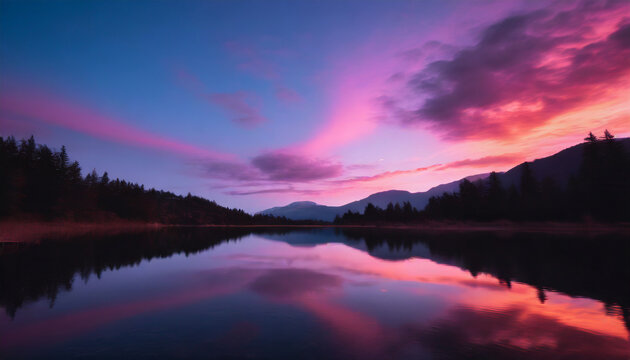  Beautiful pink cloudy sunset over a still mountain lake, dramatic colors photograph