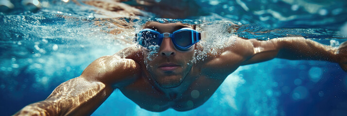 man in swimming goggles is underwater while swimming, generative AI - obrazy, fototapety, plakaty