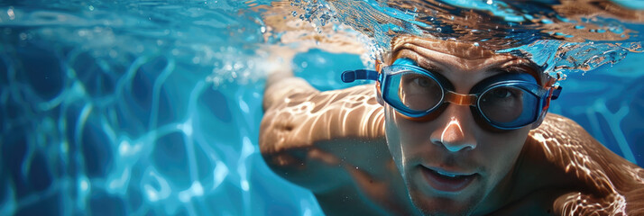 man in swimming goggles is underwater while swimming, generative AI - obrazy, fototapety, plakaty
