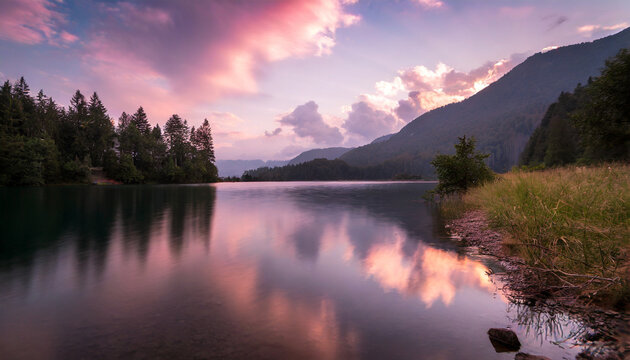  Beautiful pink cloudy sunset over a still mountain lake, dramatic colors photograph