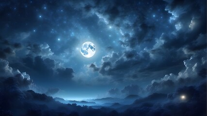 Naklejka na ściany i meble Lovely, magical blue night sky with stars, clouds, and a full moon