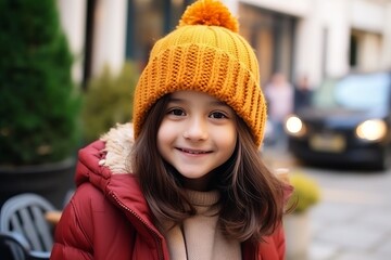 A portrait of a cute little girl outdoors in a warm winter hat