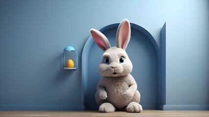 easter bunny with easter eggs,Peeping out of the blue wall is the Easter bunny. three-dimensional rendering.
