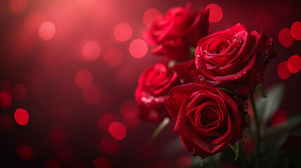 Romantic red close-up photo of roses with delicate bokeh on the background. Focused on the foreground. Valentine's Day Concept