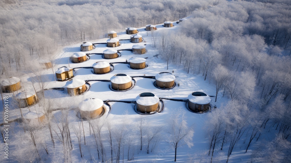 Aufkleber Aerial view of a maple syrup farm with rows of trees tapped for sap collection Generative AI