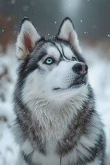 Majestic Siberian Husky Dog with Blue Eyes in Snowy Landscape