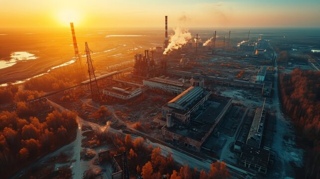 Aerial view of the Chernobyl nuclear power plant, desolate landscape, crumbling buildings, moody atmospheric tones, realistic depiction Generative AI