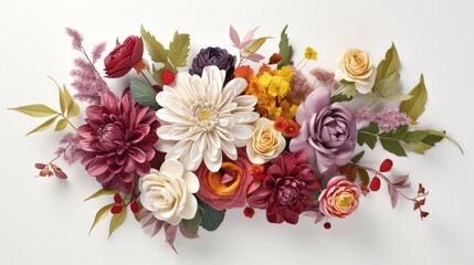 An artistically arranged bouquet featuring a variety of blooms in rich hues, set against a pristine white surface, perfect for adding personalized text or logos Generative AI
