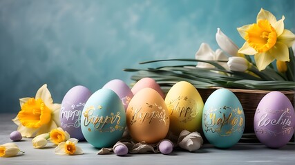 easter eggs and daffodils,vibrant eggs with lettering and daffodil blossoms Easter greetings on a...