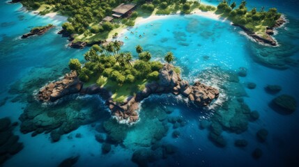 An overhead shot of an idyllic island oasis featuring coconut palms, secluded beaches, and vibrant coral reefs visible through the transparent blue waters Generative AI