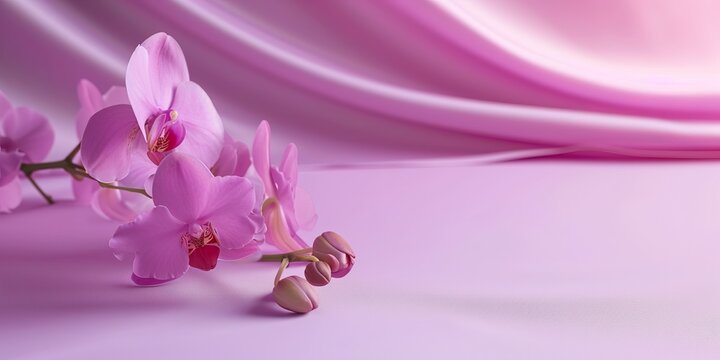 Elegant orchid flowers on lilac-pink silk fabric. Space for text or product. AI generated image. 