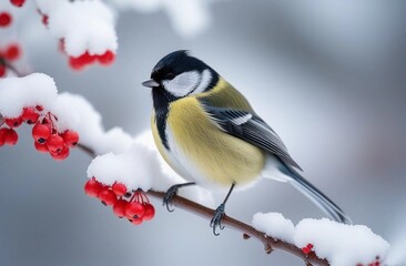 Naklejka premium Little tit bird in the snow covered rowan branch.