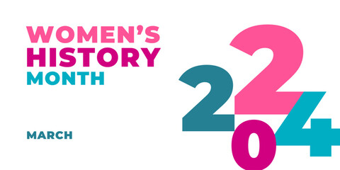 Women's History Month 2024. Text on the blue background with flowers. Banner, poster, illustration Women s History Month for social media. - obrazy, fototapety, plakaty