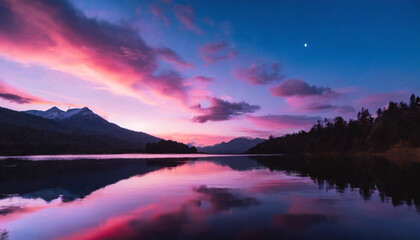 Fototapeta premium Beautiful pink cloudy sunset over a still mountain lake, dramatic colors photograph
