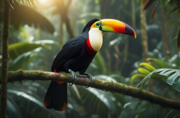 Obraz premium Toucan on a tree branch in rainforest.