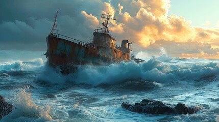 Cargo ship navigating through stormy seas, powerful waves, dramatic atmosphere, intricate...