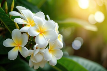Fototapeta na wymiar White plumeria blooming on trees, Tropical flower.