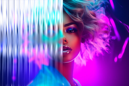 fashion model behind ribbed glass with neon colours and subtle reflections