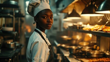 A woman in a chef hat standing in a kitchen. Generative AI. - Powered by Adobe