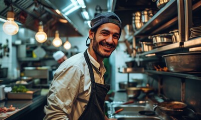 Fototapeta na wymiar Chef smiling in kitchen. Generative AI.