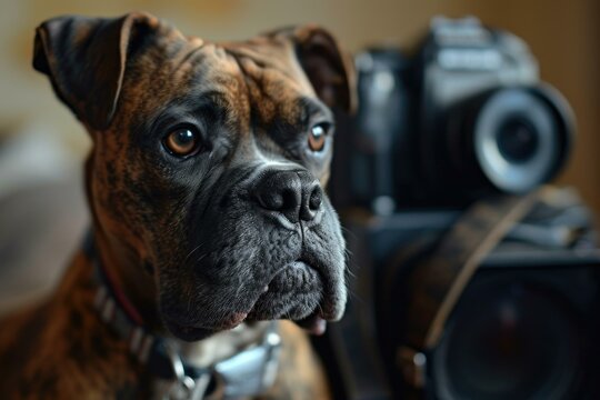 A boxer dog is sitting in front of a camera. Generative AI.