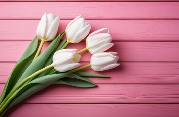 White tulips on pink wooden background.