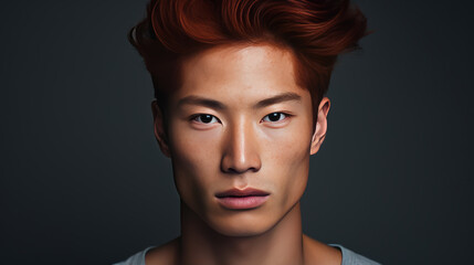 Elegant handsome young male Asian guy with short red hair, on a gray background, banner, copy space, portrait.