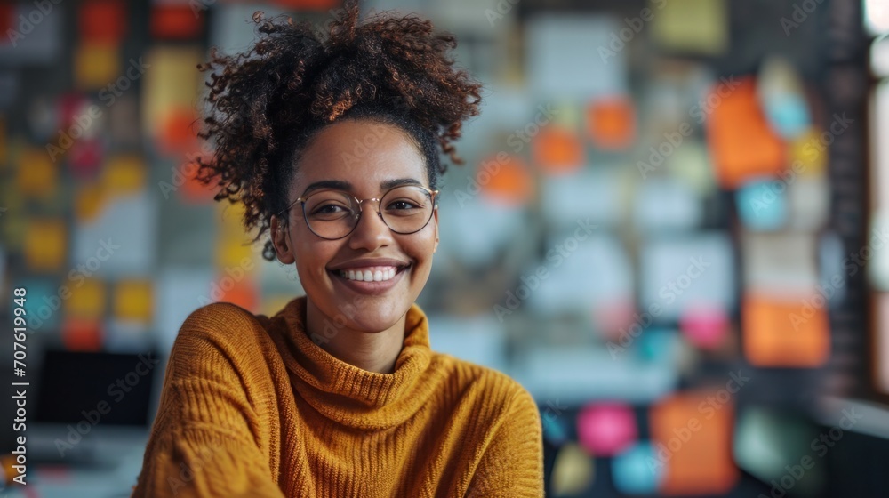 Aufkleber Conceptual image of a woman in a creative office, smiling joyfully while brainstorming ideas with a team in a collaborative space Generative AI
