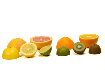 fresh fruit cut in half. citrus fruits, lime, lemon, orange, grapefruit isolated on white background.