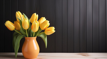 tulips in vase on wood background, flower background