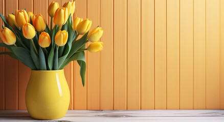 Yellow tulips in vase on wood background, flower background - obrazy, fototapety, plakaty