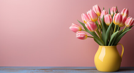valentine background Pink tulips in vase on wood background, flower background