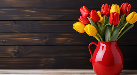 Tulip in a vase, Red and yellow tulips in vase on wood background, flower background