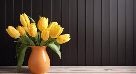 flower background tulips in vase on wood background, flower background
