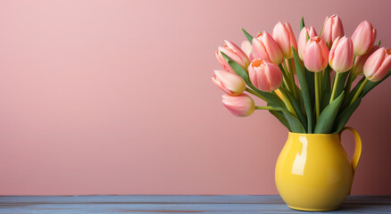 tulips in vase on wood background, flower background - obrazy, fototapety, plakaty
