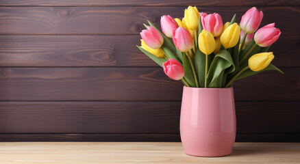  Pink and Yellow Tulips in Vase,  A vibrant arrangement of pink and yellow tulips stands elegantly in a pink vase against a rich wooden backdrop, exuding a warm, welcoming atmosphere.
