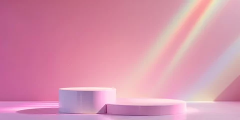 Foto op Aluminium Empty podiums/displays, two white cylinder on pink background, light refraction and shadows. Mock up for cosmetic, packaging. AI generated digital design.   © Maroubra Lab