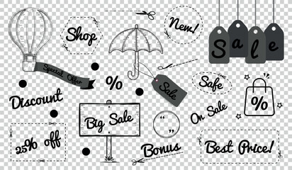 Discount Shopping Doodle Icons Set - Different Vector Illustrations Isolated On Transparent Background