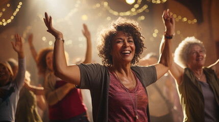 Middle-aged women enjoying a joyful dance class, candidly expressing their active lifestyle through Zumba with friends  - obrazy, fototapety, plakaty